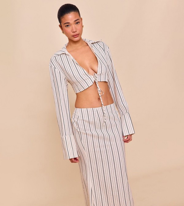 Striped Linen-Blend Tie Front Cropped Shirt