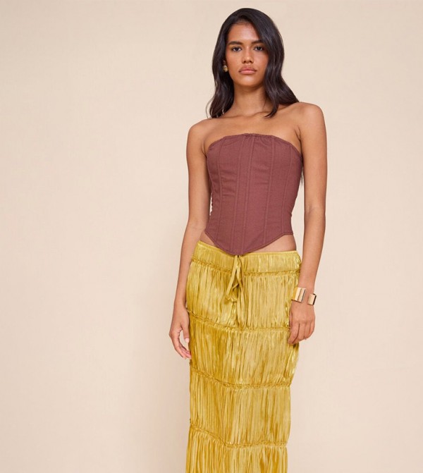 Chartreuse Drawstring Waist Tiered Maxi Skirt
