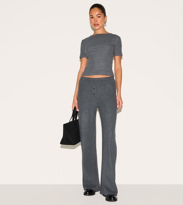 Brushed Ribbed Button Up Detail Straight Fit Trousers