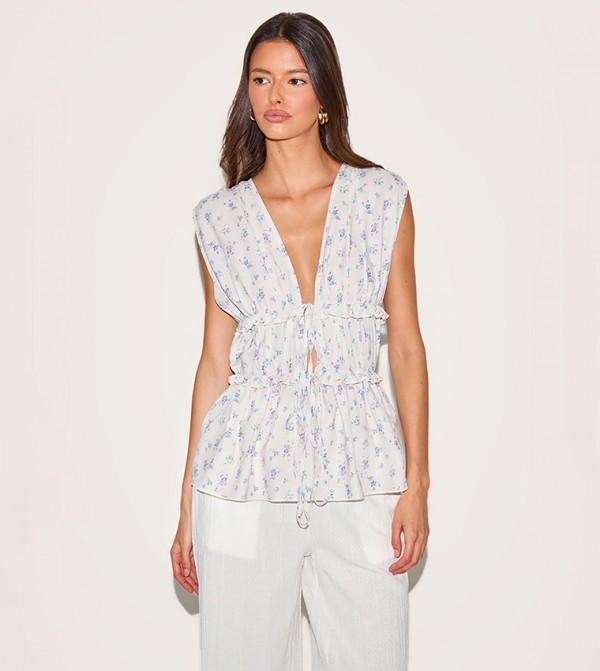 Floral Print Chiffon Tie Front Top