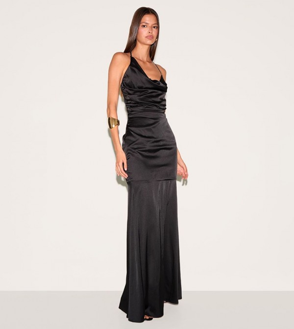 Satin Asymmetric Drape Maxi Dress