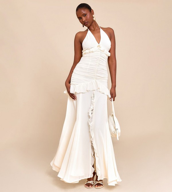Ruched Frill Halterneck Maxi Dress