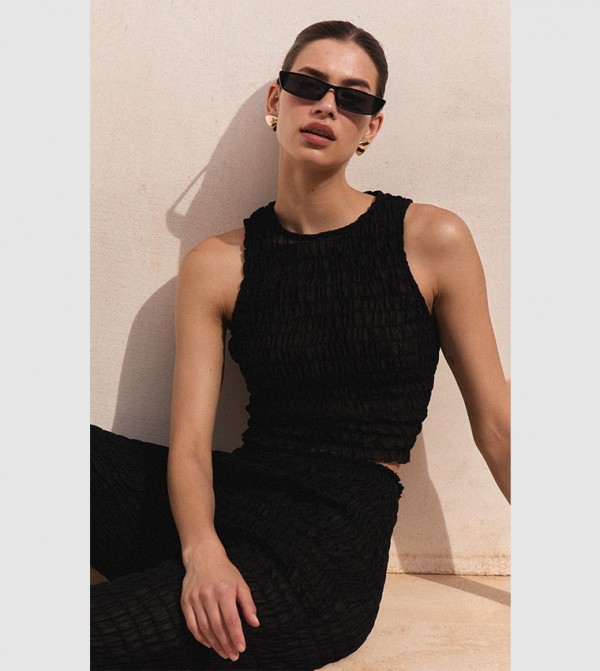Shirred Chiffon Crew Neck Crop Top