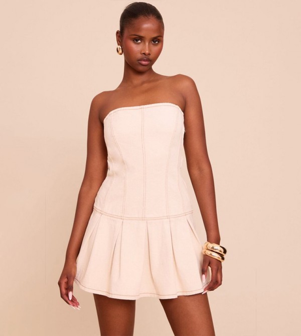 Linen Look Denim Seam Detail Pleated Mini Dress