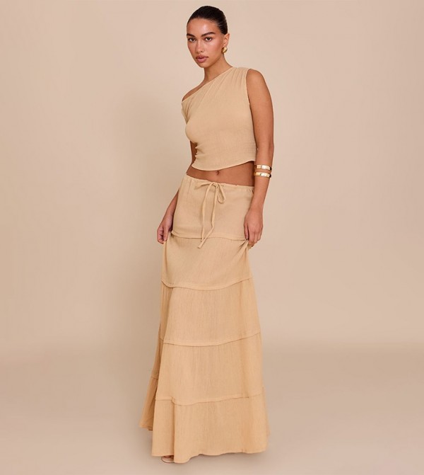 Cheesecloth Drawstring Waist Tiered Maxi Skirt