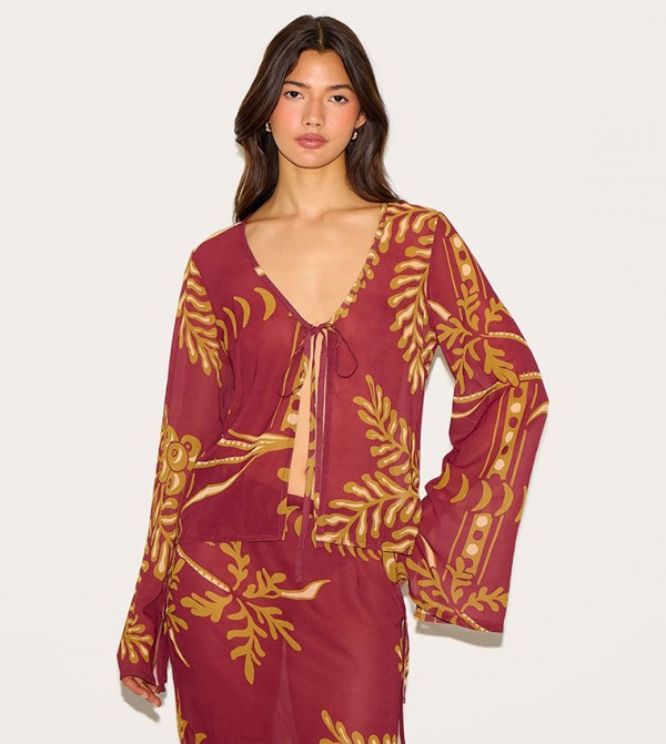 Sheer Floral Pint Long Sleeves Tie Front Top