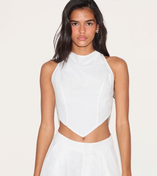 Linen Look Open Back Crop Top