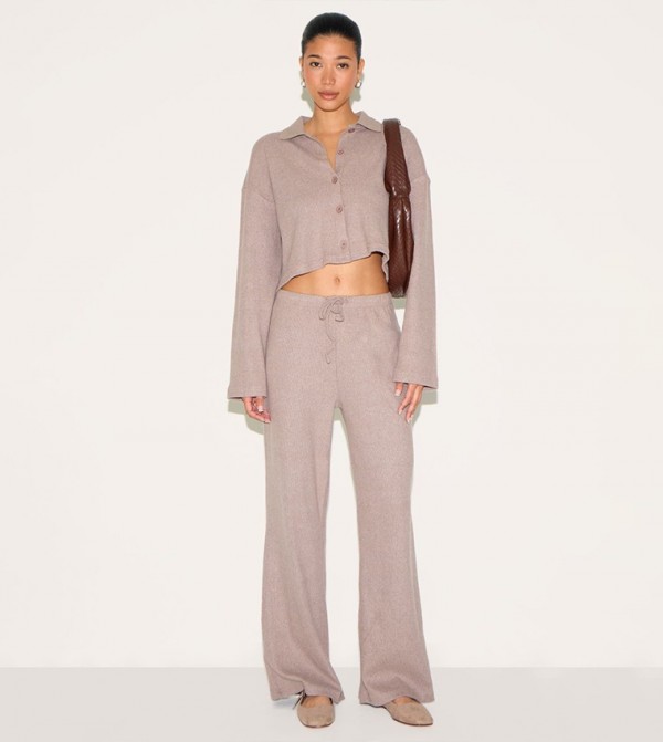 Ribbed Drawstring Waist Wide Leg Trousers