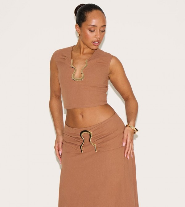 Shape Linen Look Gold Wave Trim Crop Top