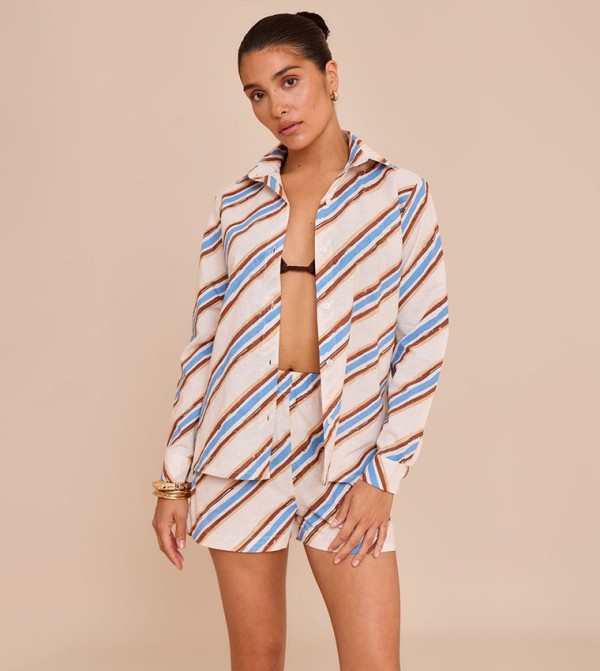 Petite Striped Linen Look Button Up Shirt