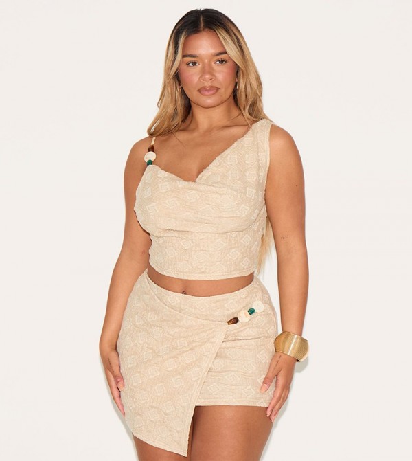 Shape Textured Wrap Over Beaded Trim Mini Skirt