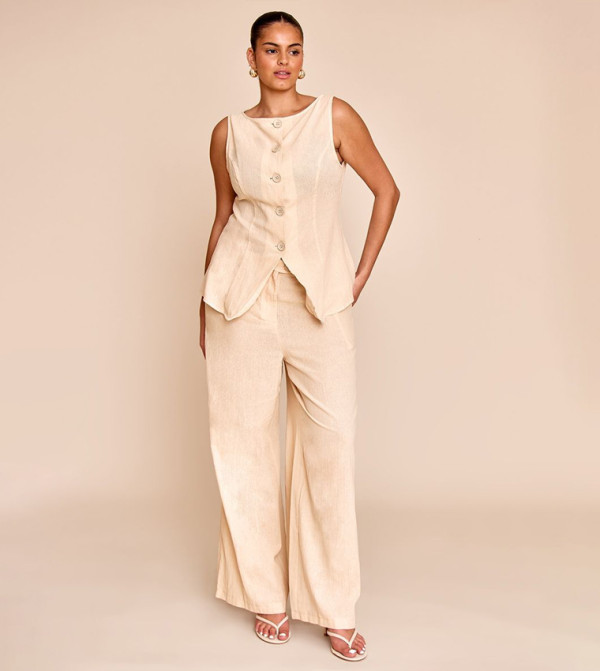 Curve Sand Stripe Linen Look Wide Leg Trousers