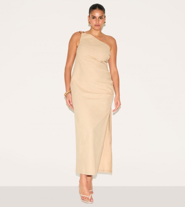 Curve Linen Asymmetric Neckline Maxi Dress