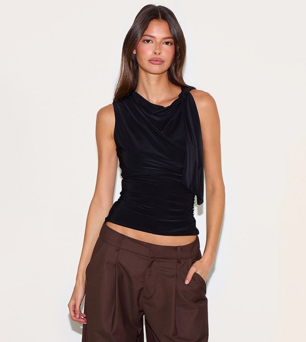 Double Layer Slinky Shoulder Tie Detail Crop Top