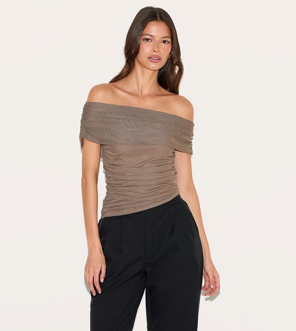 Mesh Foldover Ruched Strapless Top