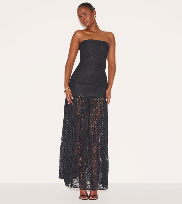 Lace Sheer Skirt Panel Strapless Midaxi Dress