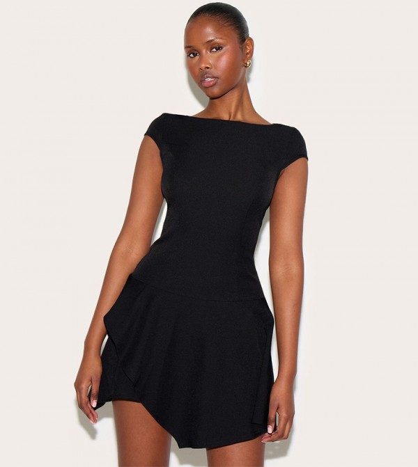 Woven Capped Sleeve Asymmetric Layered Shift Dress