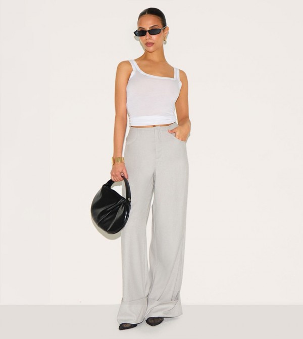 Petite Invisible Waistband Wide Leg Turn Up Trousers