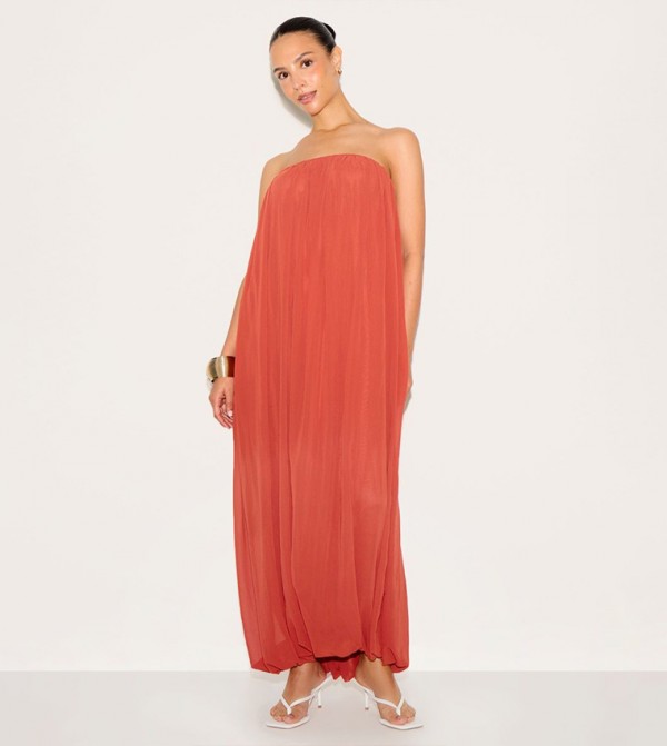 Petite Strapless Chiffon Puffball Maxi Dress
