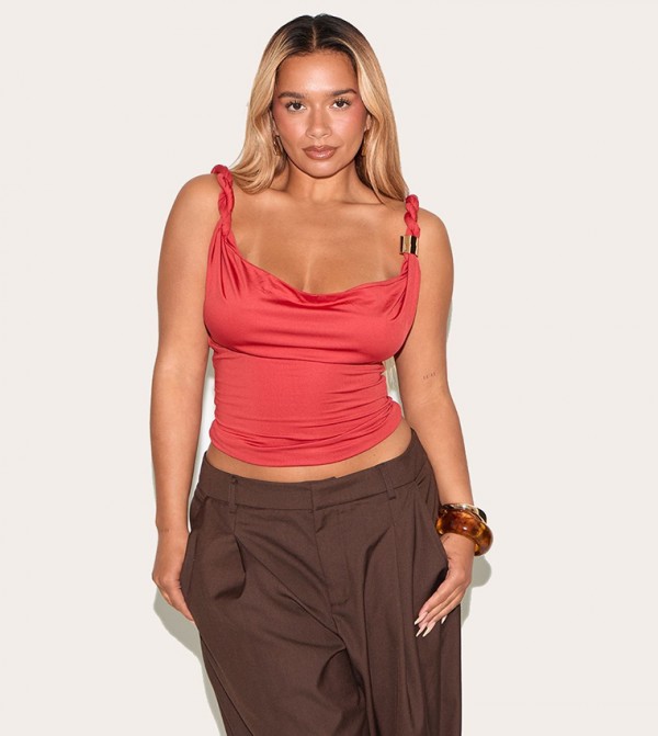 Curve Cowl Neck Twisted Gold Trim Strap Crop Top