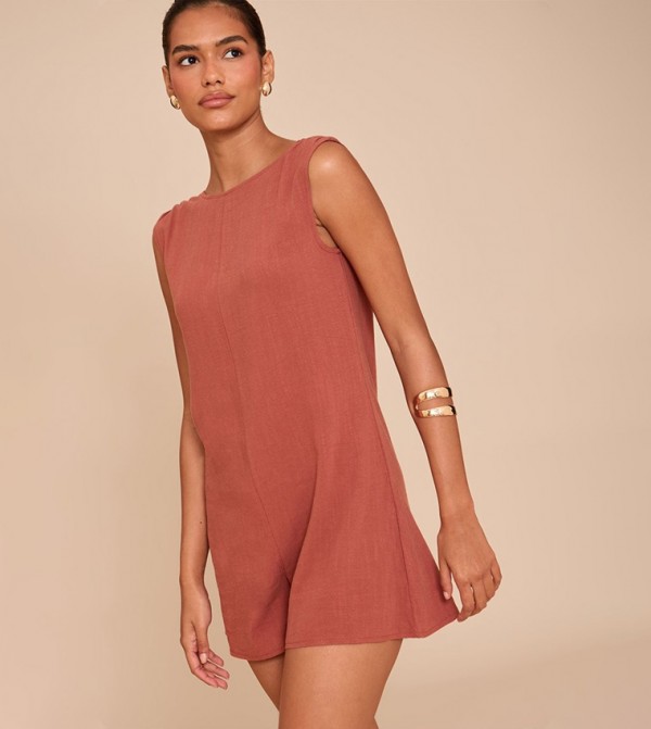 Linen Blend Slouchy Boat Neck Playsuit