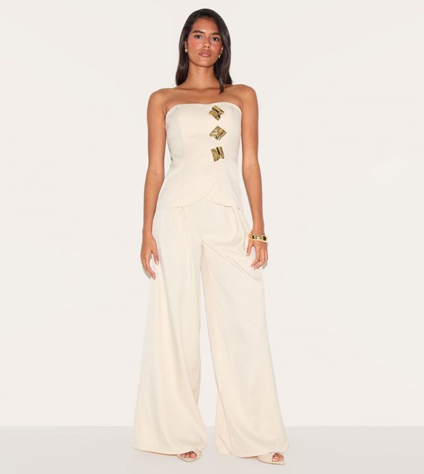 Woven Bandeau Trim Detail Wide Leg Jumpsuit