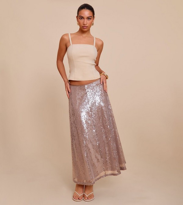 Solid Sequined Low Rise Floaty Midaxi Skirt