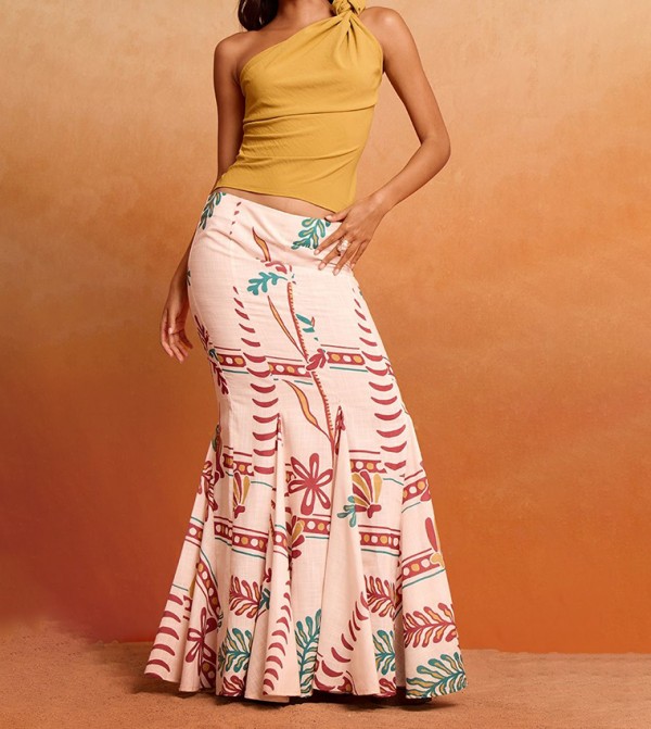 Printed Linen Fishtail Low Rise Maxi Skirt