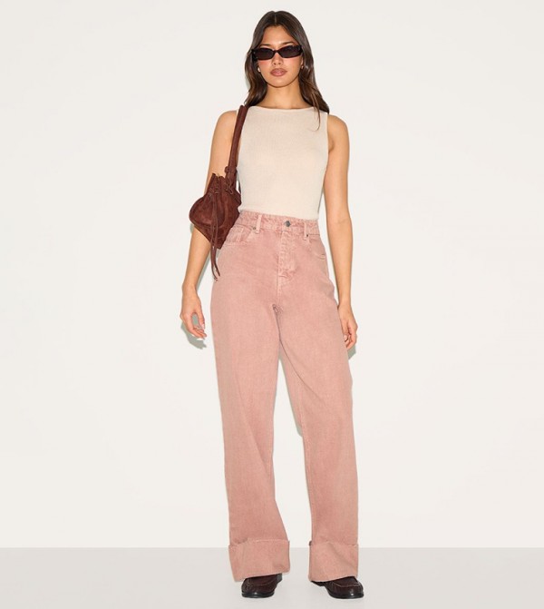 Washed Turn Up Hem Straight Fit Jeans