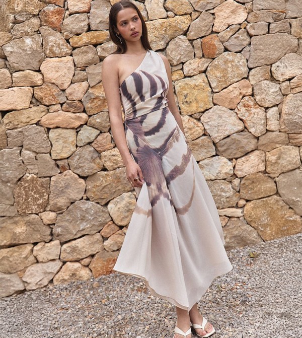 Printed Chiffon One Shoulder Maxi Dress