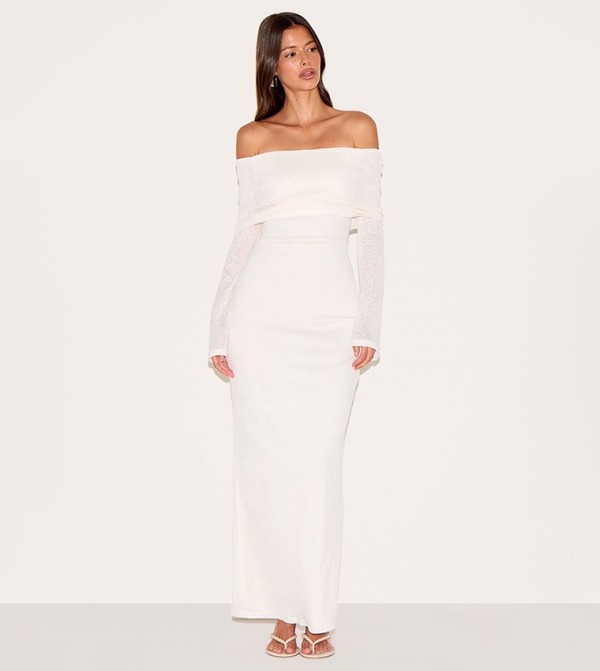 Textured Bardot Foldover Maxi Dress