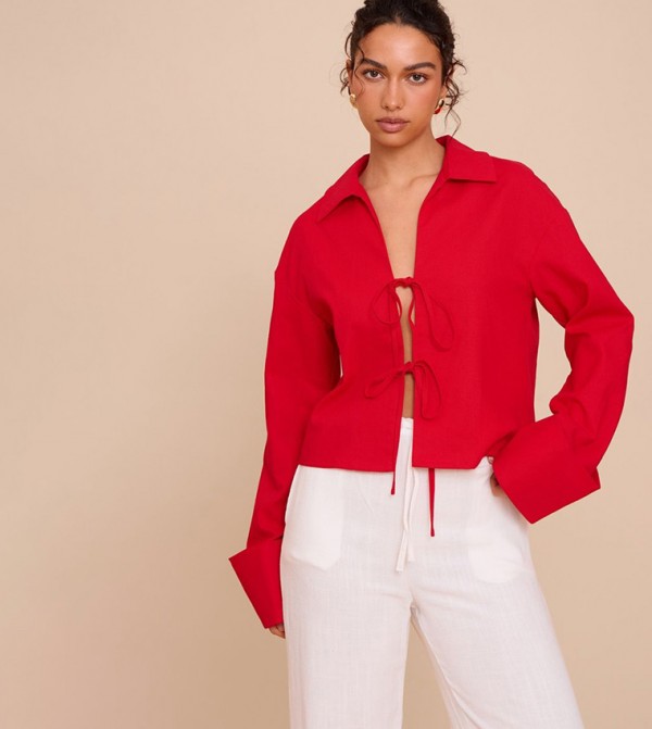 Tie Front Linen Look Collar Blazer