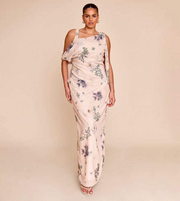 Curve Abstract Printed Chiffon Draped Maxi Dress