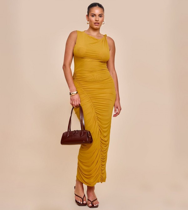 Curve Double Layer Mesh Boat Neck Ruched Maxi Dress