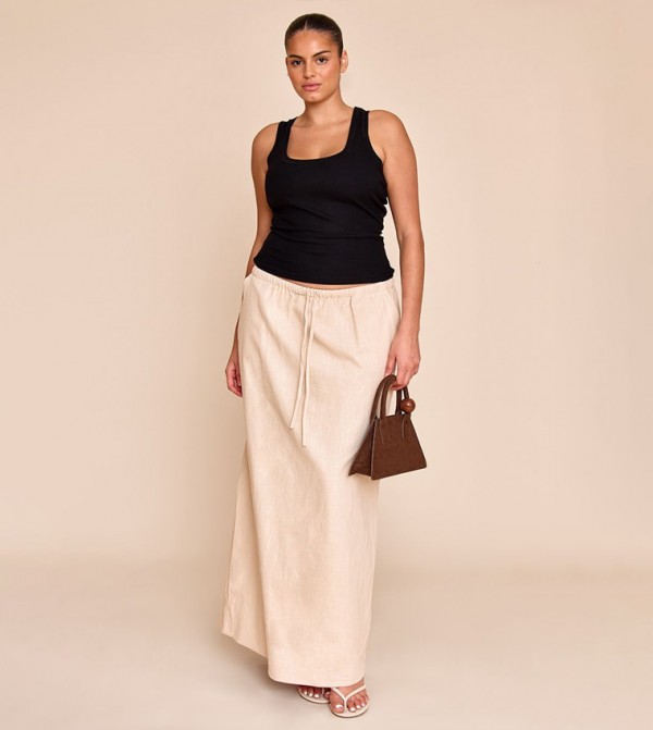 Curve Premium Linen Drawstring Waist Maxi Skirt