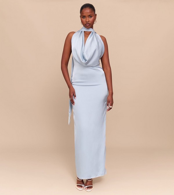Satin Cowl Neck Drape Maxi Dress