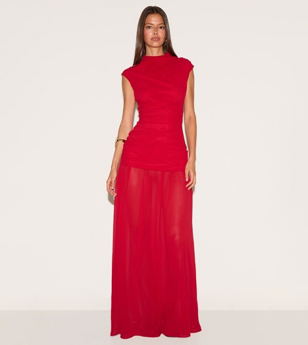 Chiffon Ruched Dropped Waist Sleeveless Maxi Dress