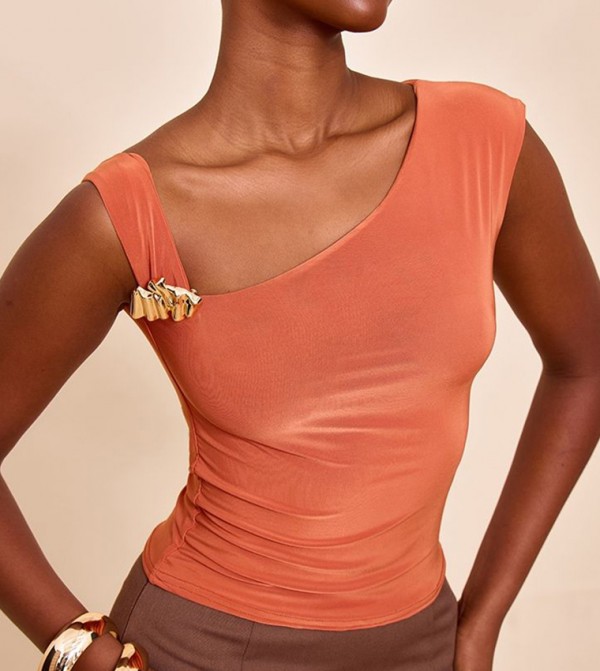 Double Layer Slinky Trim Detail Asymmetric Top