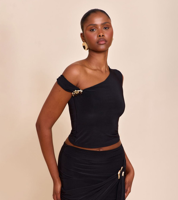 Double Layer Slinky Trim Detail Asymmetric Top