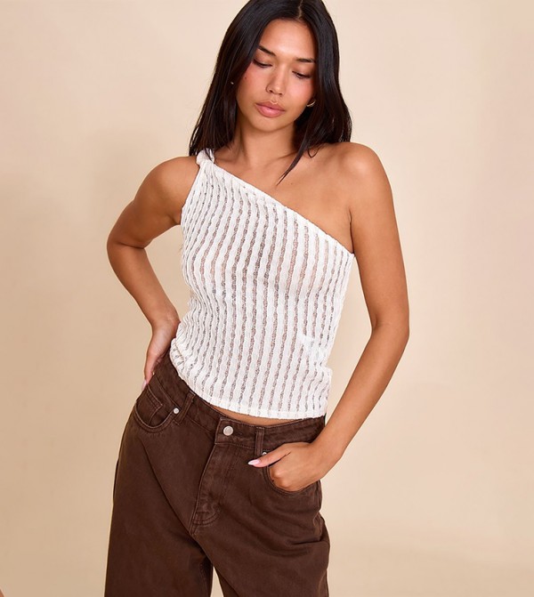 Textured Knot Detail One Shoulder Crop Top