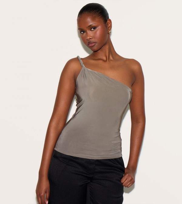 Double Layer Slinky Twist Detail One Shoulder Top