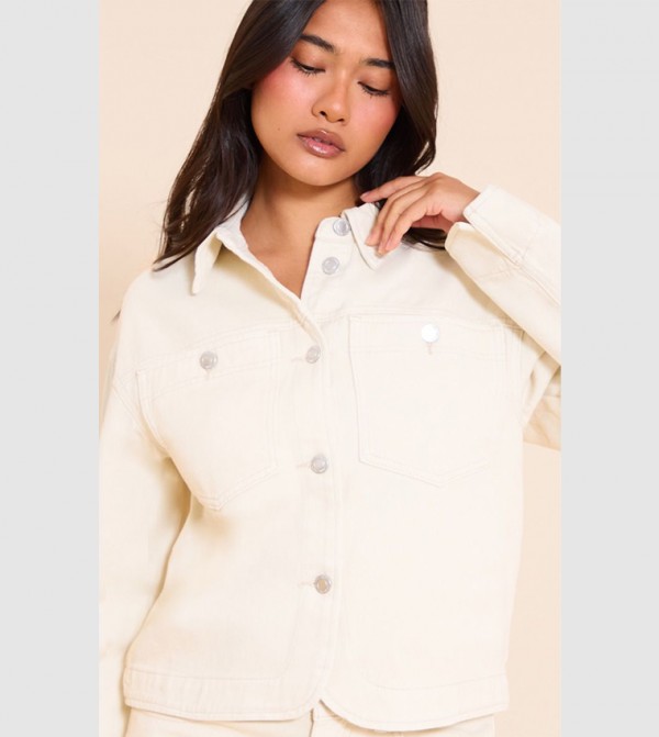 Solid Button Closure Boxy Denim Jacket
