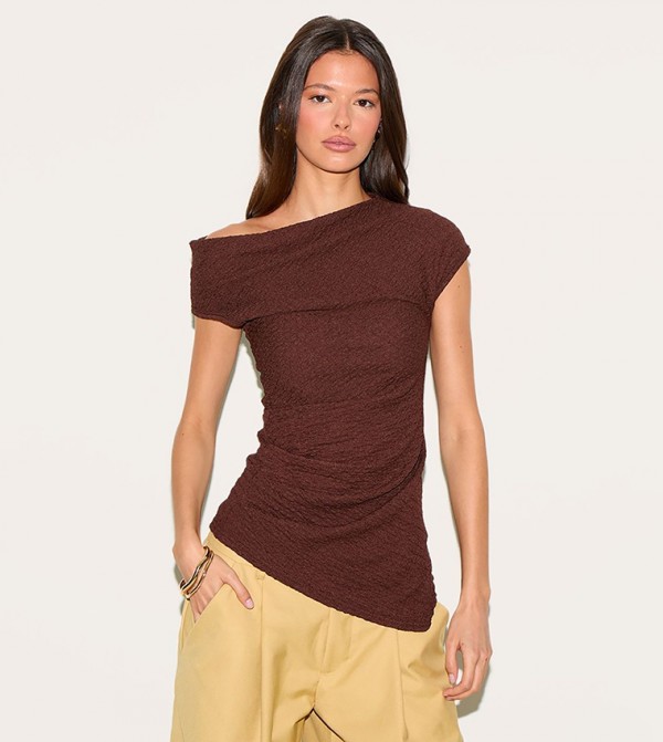 Textured Ruched Asymmetric Top
