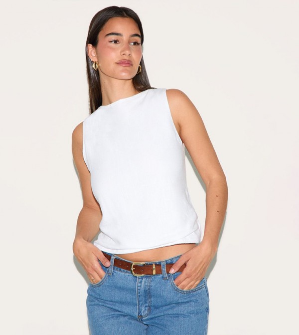 Linen Look Boat Neck Sleeveless Crop Top