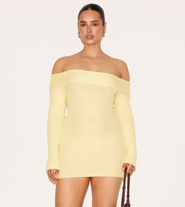 Shape Off Shoulder Fold Over Knitted Bodycon Dress