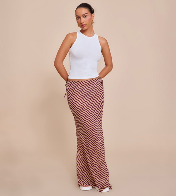 Striped Print Sheer Low Rise Maxi Skirt
