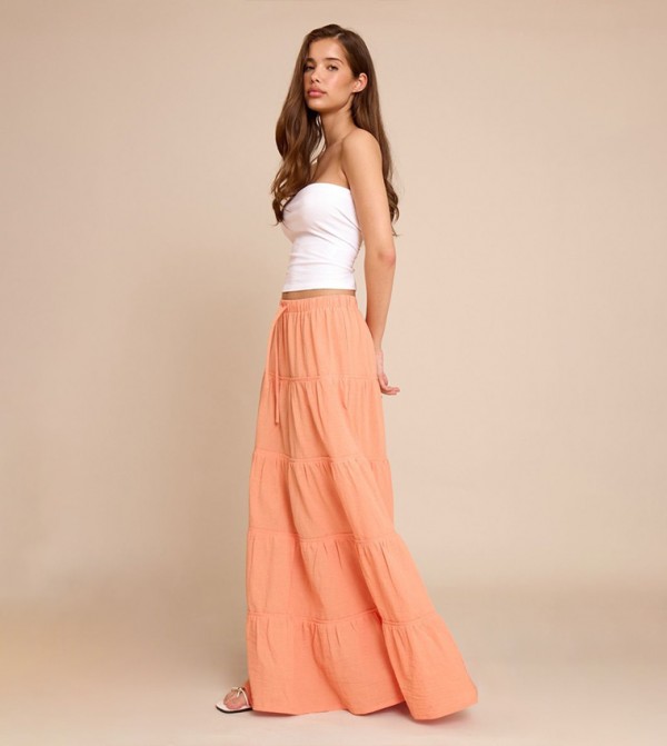 Tiered Drawstring Waist Maxi Skirt