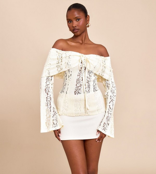 Fitted Lace Flared Sleeves Bardot Top
