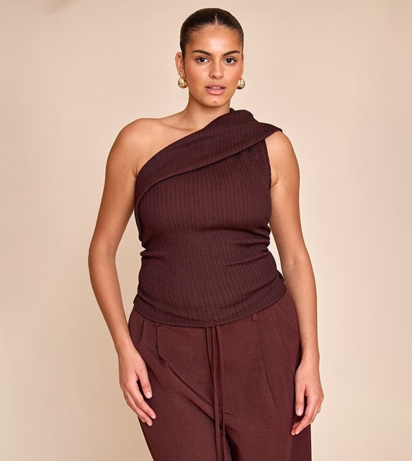Curve Textured Fold Over One Shoulder Top