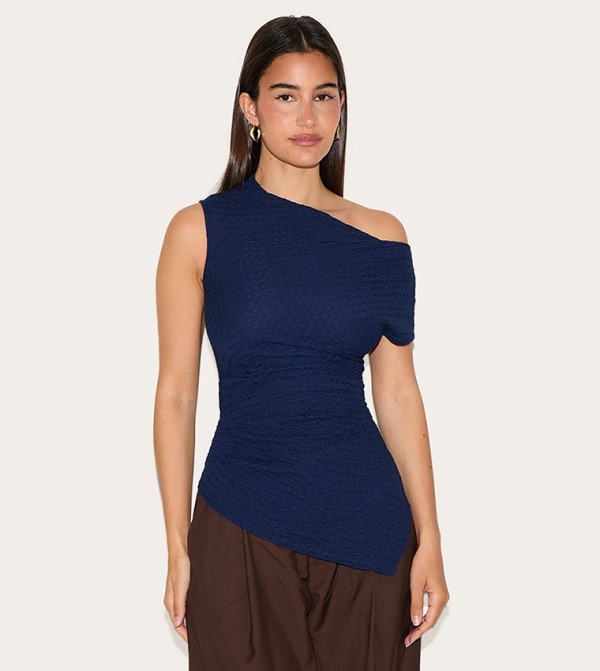 Textured Ruched Asymmetric Top